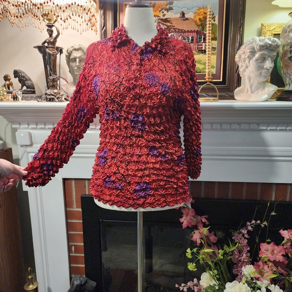 Magic Scarf Popcorn Textured Top Red Purple Abstract Long Sleeve One Size OS